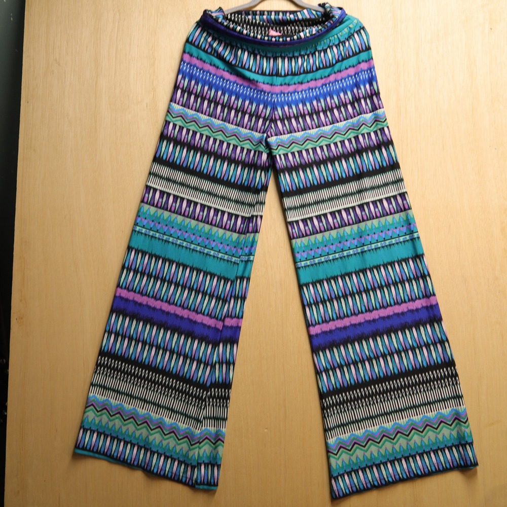 She's Cool Womens Wide Leg Palazzo Pants Multi Color Geometric Print Size M NEW